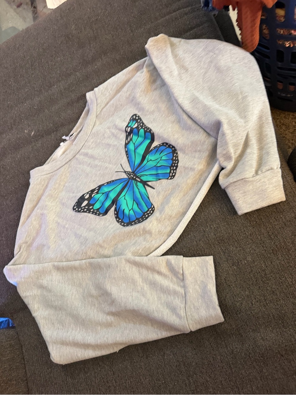 Fashion Nova Gray Sweatshirt with Turquoise Butterfly Graphic
